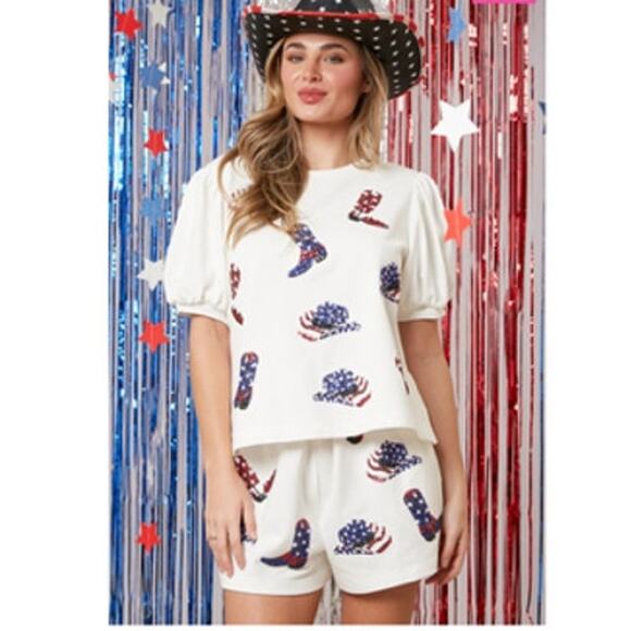 NWT Peach Love Sequin Boot Scootin 4th Of July USA Puff Sleeve Top M - Picture 3 of 9